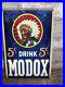 Vintage-Modox-Soda-5-Cents-Porcelain-Heavy-Metal-Indian-Cola-Sign-24-X-18-01-yfn
