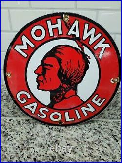 Vintage Mohawk Gasoline Porcelain Sign Gas Signage Oil Service Red Indian Fuel