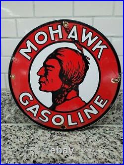 Vintage Mohawk Gasoline Porcelain Sign Gas Signage Oil Service Red Indian Fuel