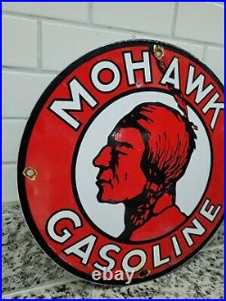 Vintage Mohawk Gasoline Porcelain Sign Gas Signage Oil Service Red Indian Fuel