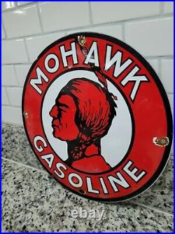 Vintage Mohawk Gasoline Porcelain Sign Gas Signage Oil Service Red Indian Fuel