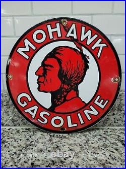 Vintage Mohawk Gasoline Porcelain Sign Gas Signage Oil Service Red Indian Fuel