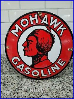 Vintage Mohawk Gasoline Porcelain Sign Gas Signage Oil Service Red Indian Fuel