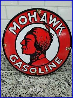 Vintage Mohawk Gasoline Porcelain Sign Gas Signage Oil Service Red Indian Fuel