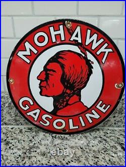 Vintage Mohawk Gasoline Porcelain Sign Gas Signage Oil Service Red Indian Fuel