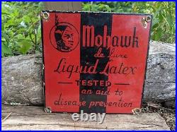 Vintage Mohawk Liquid Latex Porcelain Gas Pump Sign Indian 7 X 7