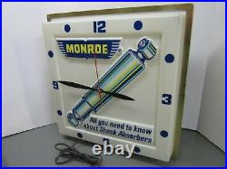 Vintage Monroe Shock Absorber Lighted Clock Sign, Dualite Clock