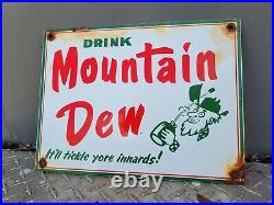 Vintage Mountain Dew Porcelain Soda Sign Metal Gas Station Beverage Advertising