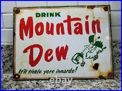Vintage Mountain Dew Porcelain Soda Sign Metal Gas Station Beverage Advertising