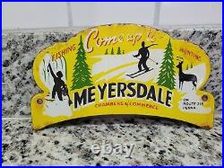 Vintage Myersdale Porcelain Sign Pa Fishing Hunting Cabin Topper Gas Oil Service