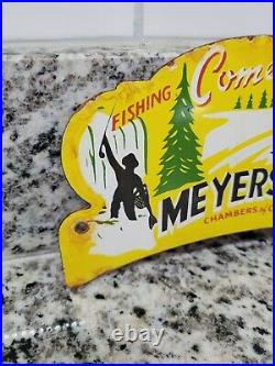 Vintage Myersdale Porcelain Sign Pa Fishing Hunting Cabin Topper Gas Oil Service