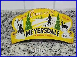 Vintage Myersdale Porcelain Sign Pa Fishing Hunting Cabin Topper Gas Oil Service