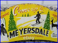 Vintage Myersdale Porcelain Sign Pa Fishing Hunting Cabin Topper Gas Oil Service