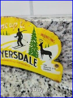 Vintage Myersdale Porcelain Sign Pa Fishing Hunting Cabin Topper Gas Oil Service