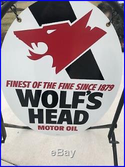 Vintage NOS Wolf's Head OIL Double Sided GAS STATION Advertising Sign NEW IN BOX