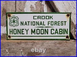 Vintage National Forest Porcelain Sign Crook Honey Moon Cabin Camping Park Rangr