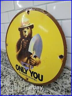 Vintage National Park Service Porcelain Sign Smokey The Bear Forest Ranger Gas