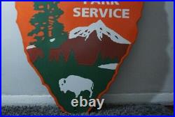Vintage National Park Service Us Forest Porcelain Sign Camping Cabin Oil Gas Ad