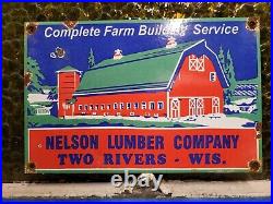 Vintage Nelson Lumber Porcelain Sign Wisconsin Farm Barn Building Co Oil Gas USA