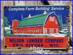 Vintage Nelson Lumber Porcelain Sign Wisconsin Wood Farm Barn Building Company