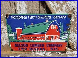 Vintage Nelson Lumber Porcelain Sign Wisconsin Wood Farm Barn Building Company