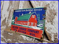 Vintage Nelson Lumber Porcelain Sign Wisconsin Wood Farm Barn Building Company