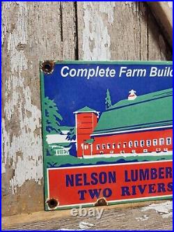 Vintage Nelson Lumber Porcelain Sign Wisconsin Wood Farm Barn Building Company