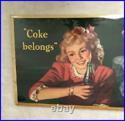 Vintage ORIGINAL 1944 Large Coca Cola Coke Cardboard Sign Coke Belongs, VG/VG+