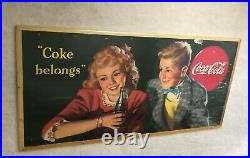 Vintage ORIGINAL 1944 Large Coca Cola Coke Cardboard Sign Coke Belongs, VG/VG+