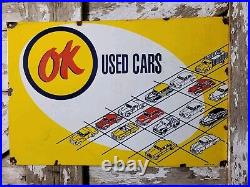 Vintage Ok Used Cars Porcelain Sign 30 Old Car Dealership Gas Truck Auto Sales