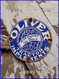 Vintage Oliver Tractor Porcelain Sign Farm Implements Plow Barn Oil Gas Corn USA