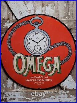 Vintage Omega Porcelain Sign 30 Swiss Watch Dealer Jeweler Repair Sales Time