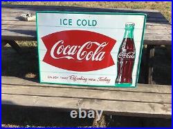 Vintage Original 1950's Coca Cola Bottle Double Fishtail Tin Sign Near Mint
