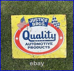 Vintage Original Justice Bros. Quality Automotive Tin Sign With Killer Graphics