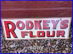 Vintage Original NOS Rodkey's Flour General Store Metal Double Sided Sign