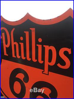 Vintage Original Old 29 inch Phillips 66 Porcelain Metal Sign 2sided Gas & Oil