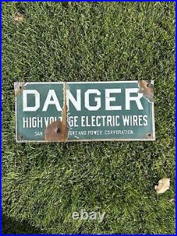 Vintage Original San Joaquin Danger High Voltage Porcelain Sign With Bullet Hole