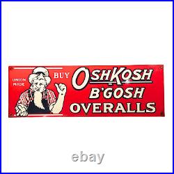 Vintage OshKosh B'Gosh Union Made Overalls Red Porcelain Advertising Sign 27in