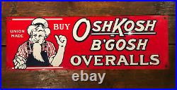 Vintage OshKosh B'Gosh Union Made Overalls Red Porcelain Advertising Sign 27in