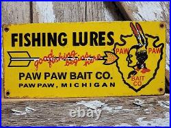 Vintage Paw Paw Bait Porcelain Sign Fishing Lures Tackle Shop Michigan Arrowhead