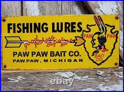 Vintage Paw Paw Bait Porcelain Sign Fishing Lures Tackle Shop Michigan Arrowhead