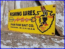 Vintage Paw Paw Bait Porcelain Sign Fishing Lures Tackle Shop Michigan Arrowhead