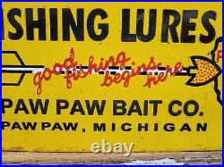 Vintage Paw Paw Bait Porcelain Sign Fishing Lures Tackle Shop Michigan Arrowhead