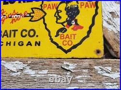 Vintage Paw Paw Bait Porcelain Sign Fishing Lures Tackle Shop Michigan Arrowhead