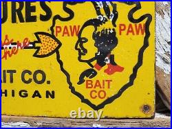 Vintage Paw Paw Bait Porcelain Sign Fishing Lures Tackle Shop Michigan Arrowhead