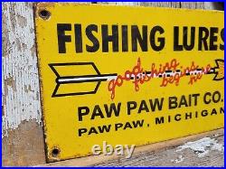 Vintage Paw Paw Bait Porcelain Sign Fishing Lures Tackle Shop Michigan Arrowhead