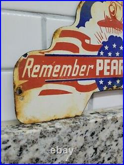 Vintage Pearl Harbor Porcelain Sign Tag Topper Gas Oil Military War Hawaii Army