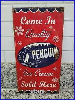 Vintage Penguin Ice Cream Sign Old Dairy Treat Sold Here Dessert Candy Gas Oil