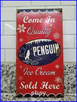 Vintage Penguin Ice Cream Sign Old Dairy Treat Sold Here Dessert Candy Gas Oil