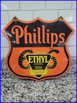 Vintage Phillips 66 Porcelain Sign Ethyl Gasoline Gas Station Oil Service Shield